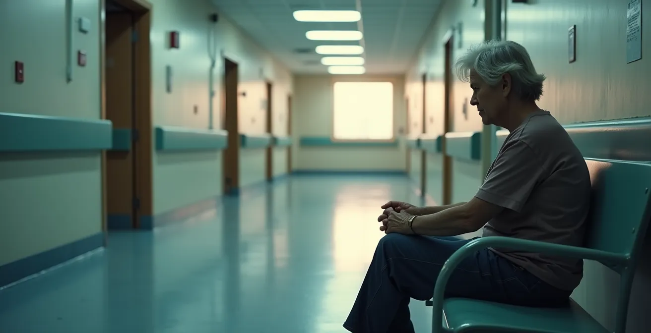 Aidante familiale assise seule dans un couloir d'hôpital, montrant des signes de fatigue et d'épuisement émotionnel