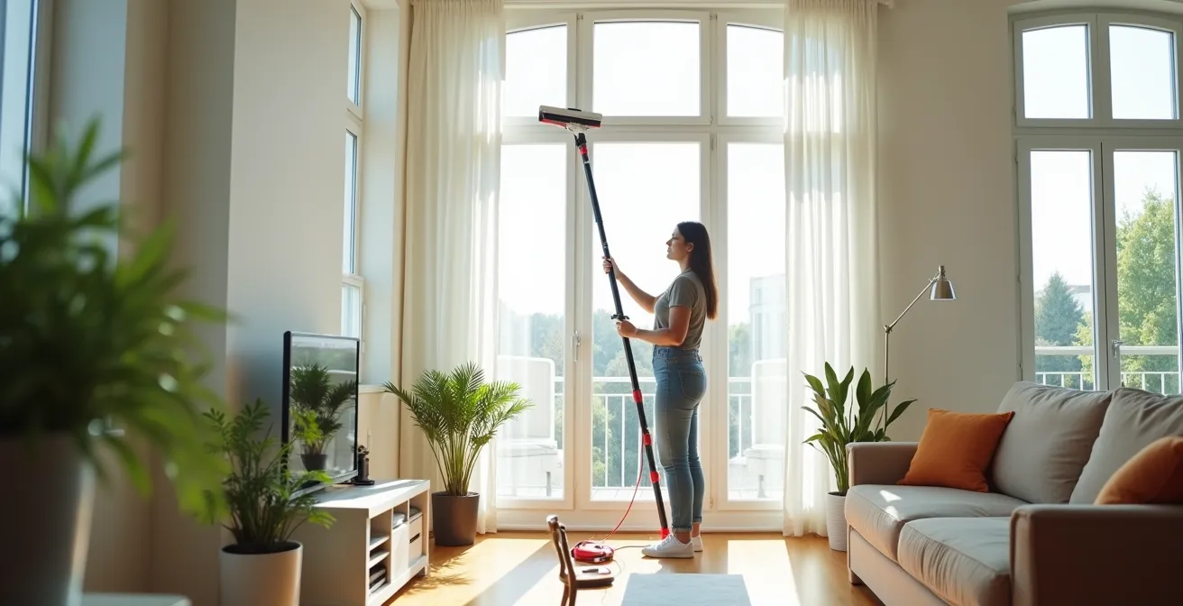 Aide ménagère utilisant une perche télescopique pour nettoyer une vitre en toute sécurité