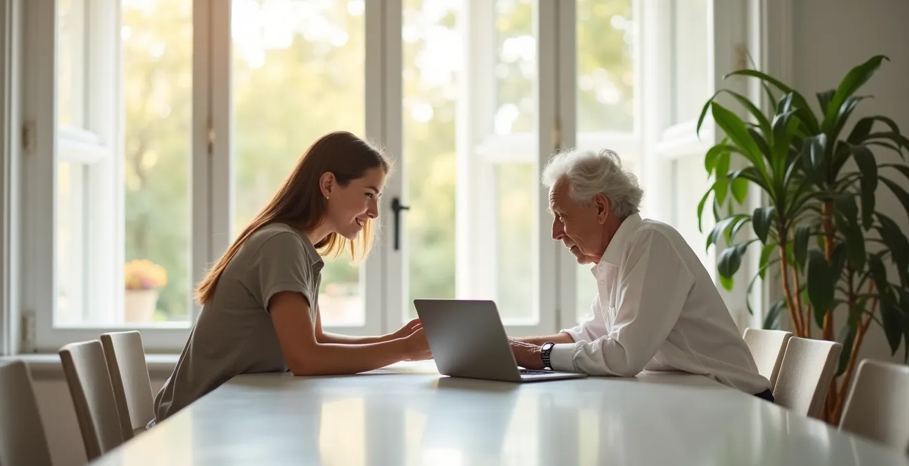 Jeune personne accompagnant avec patience une personne âgée dans l'utilisation d'un appareil numérique