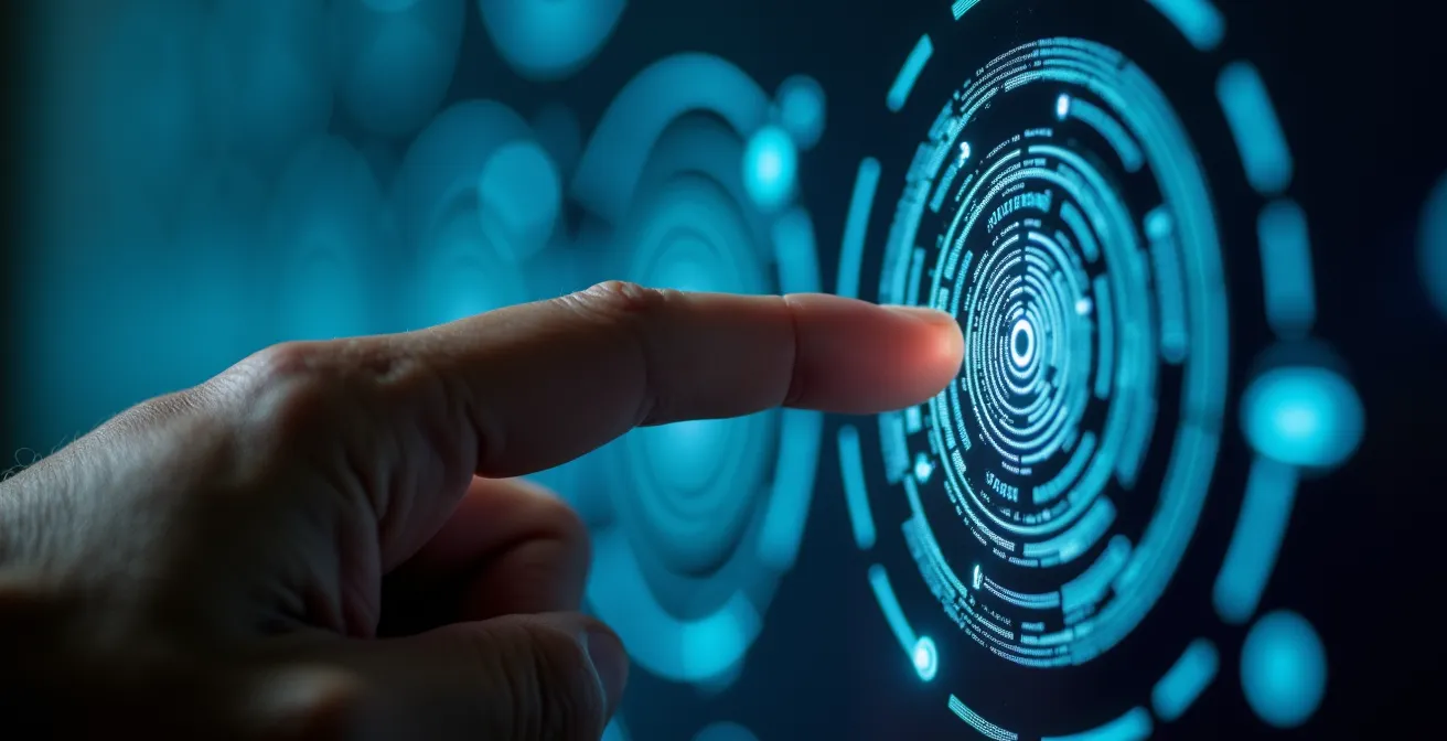 Gros plan macro sur un doigt approchant un capteur biométrique avec reflets lumineux abstraits