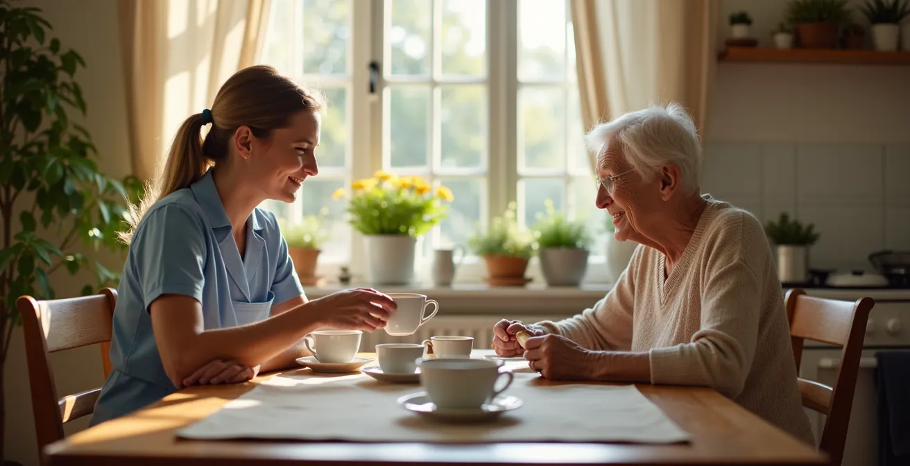 Auxiliaire de vie souriante partageant un moment convivial avec une personne âgée autour d'une tasse de thé dans une cuisine française lumineuse