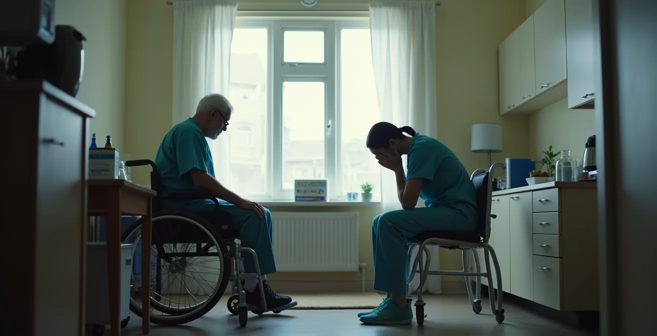 Portrait d'une auxiliaire de vie montrant des signes de fatigue professionnelle