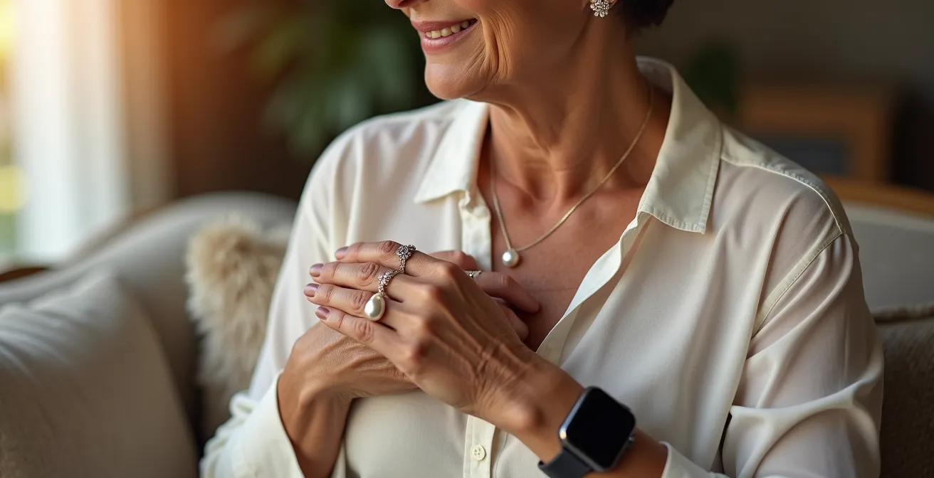Ensemble de bijoux connectés élégants portés par une personne âgée dans un environnement quotidien