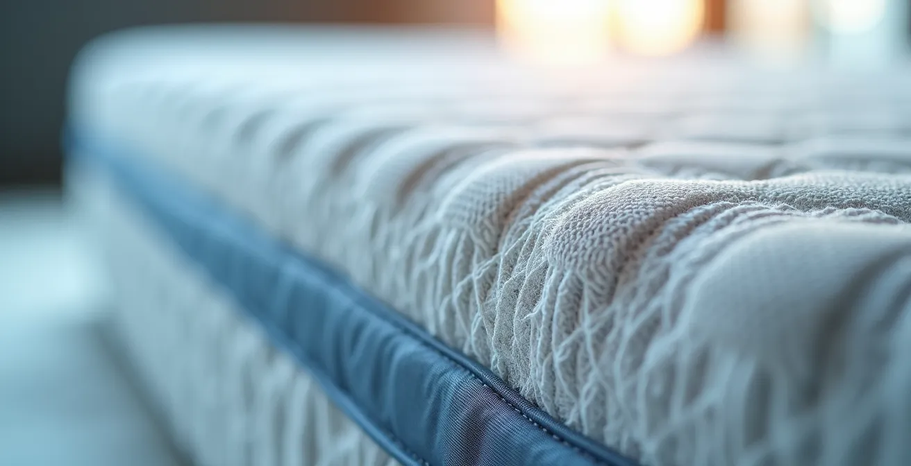 Gros plan macro sur la texture d'un matelas avec capteur ultra-plat invisible intégré dans les fibres