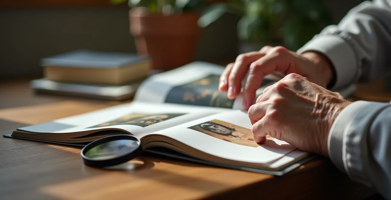 Gros plan sur des mains tenant un catalogue d'exposition avec loupe de lecture posée à côté