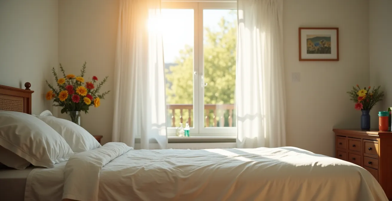 Chambre de personne âgée lumineuse avec fenêtre ouverte au printemps