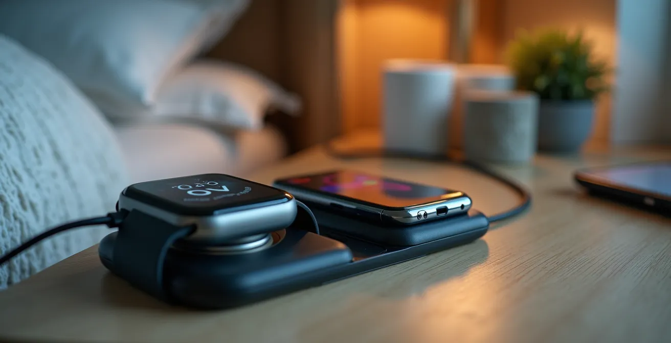 Gros plan sur une station de charge avec montre connectée et un médaillon à pile longue durée