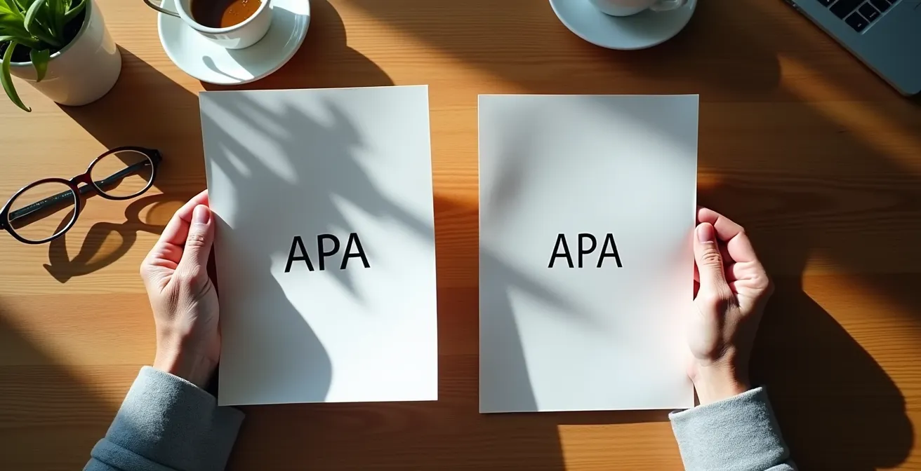 Mains comparant deux documents côte à côte sur une table en bois