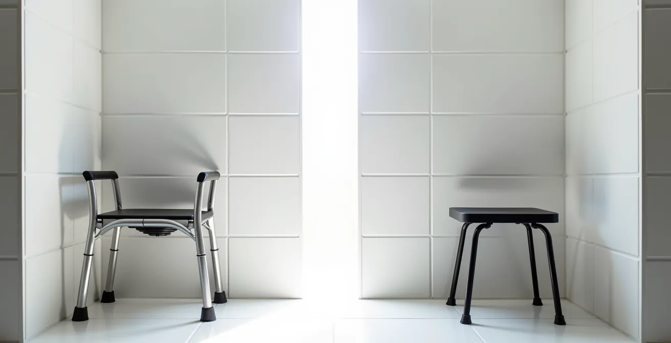 Salle de bain adaptée avec siège de douche mural et barres d'appui