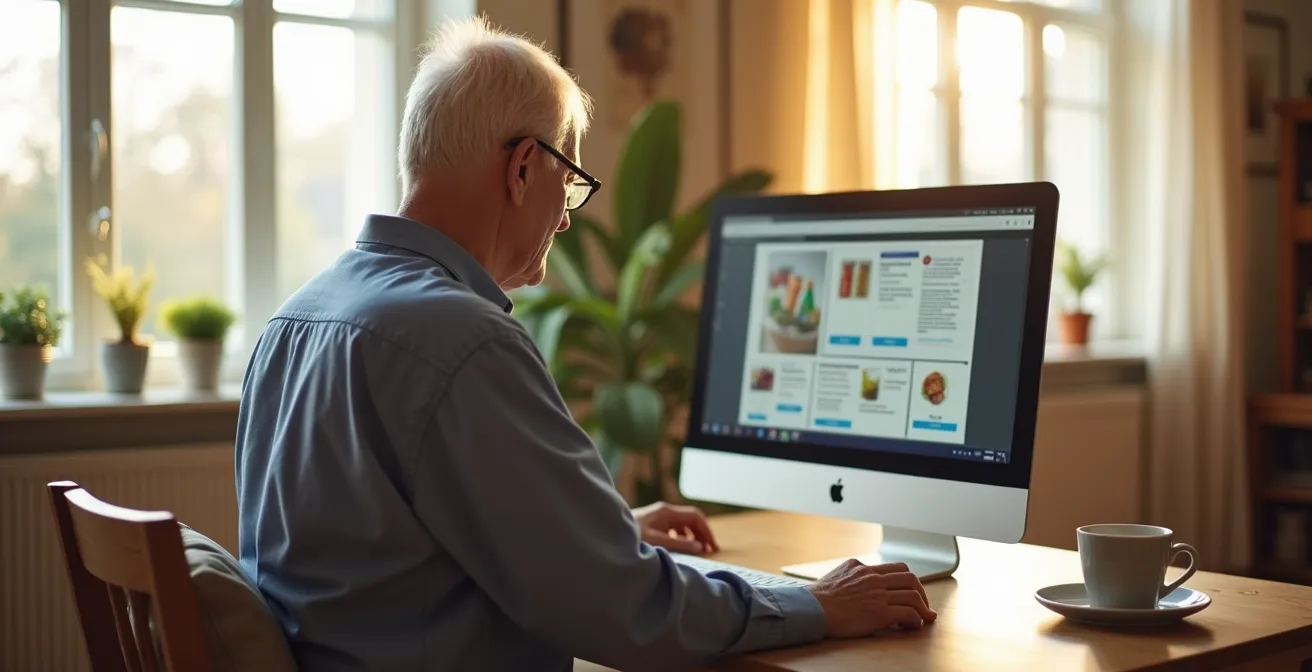 Personne âgée vue de dos commandant ses courses en ligne sur un écran d'ordinateur dans un salon lumineux