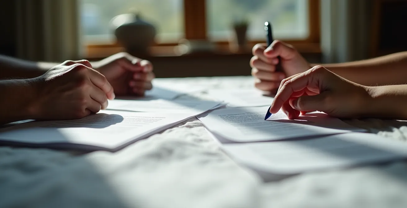 Famille en discussion sérieuse autour d'une table avec documents, moment de décision difficile