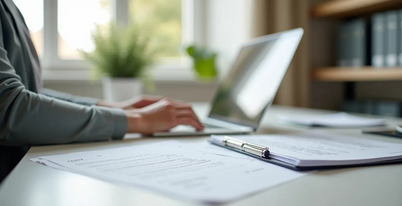 Personne remplissant sa déclaration d'impôts en ligne sur ordinateur, formulaires fiscaux flous à l'arrière-plan