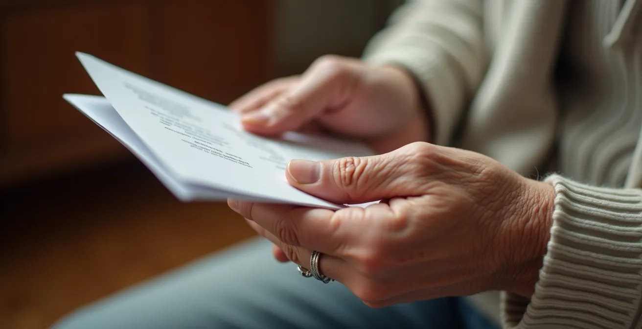 Mains d'une personne âgée tenant un document de directives anticipées