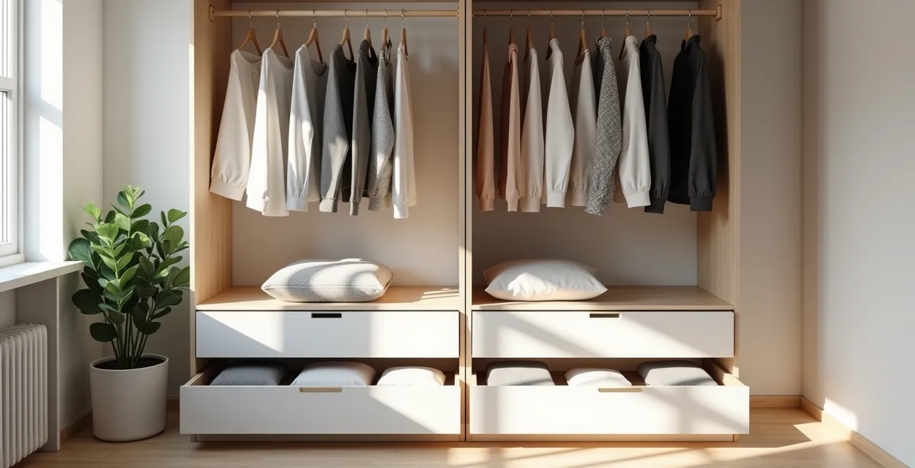 Un dressing ergonomique avec des vêtements rangés à hauteur accessible pour une personne âgée