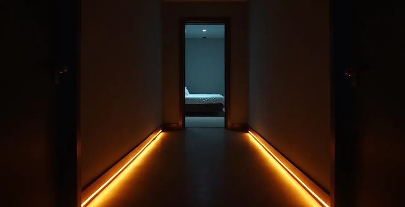 Couloir la nuit avec balisage LED discret au sol guidant vers la salle de bain