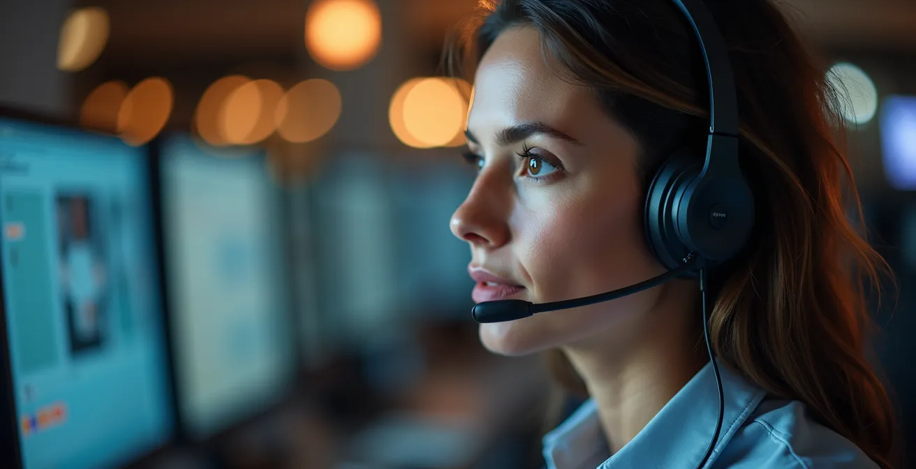 Écoutant de téléassistance concentré avec casque professionnel pendant l'évaluation d'un appel.