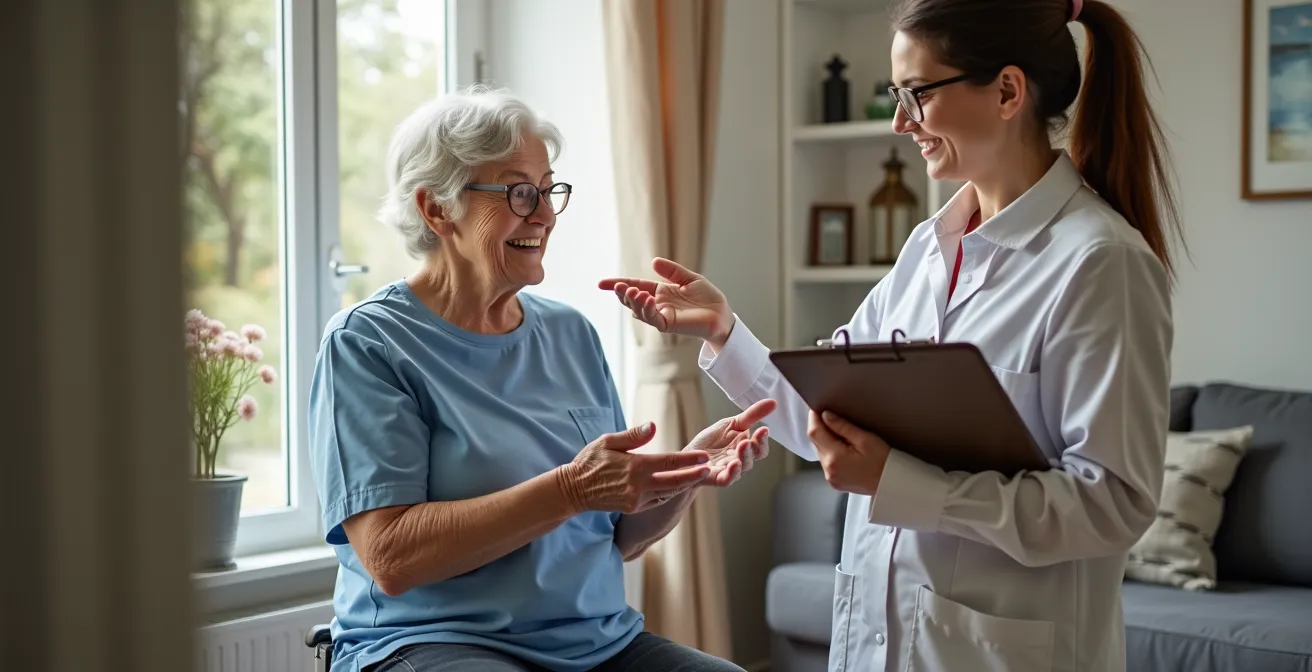 Ergothérapeute évaluant l'aménagement sécurisé du domicile d'une personne âgée