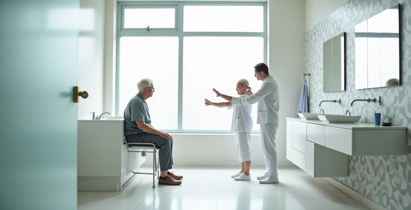 Ergothérapeute évaluant le positionnement optimal d'une barre d'appui dans une salle de bain moderne