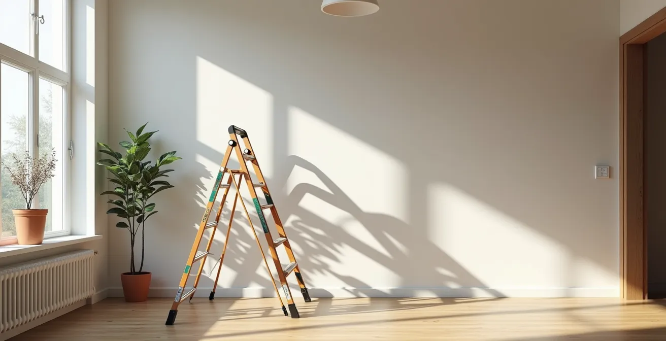 Escabeau professionnel avec plateforme large et garde-corps dans un salon