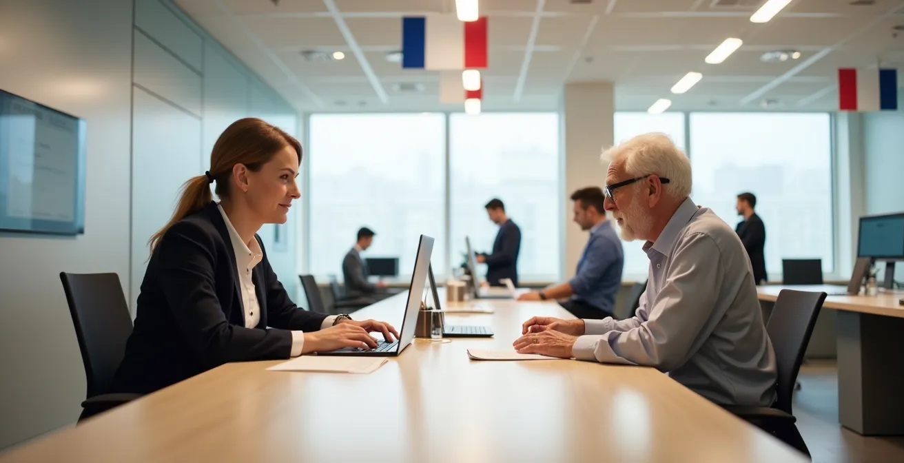 Vue intérieure d'un Espace France Services avec conseiller aidant une personne âgée