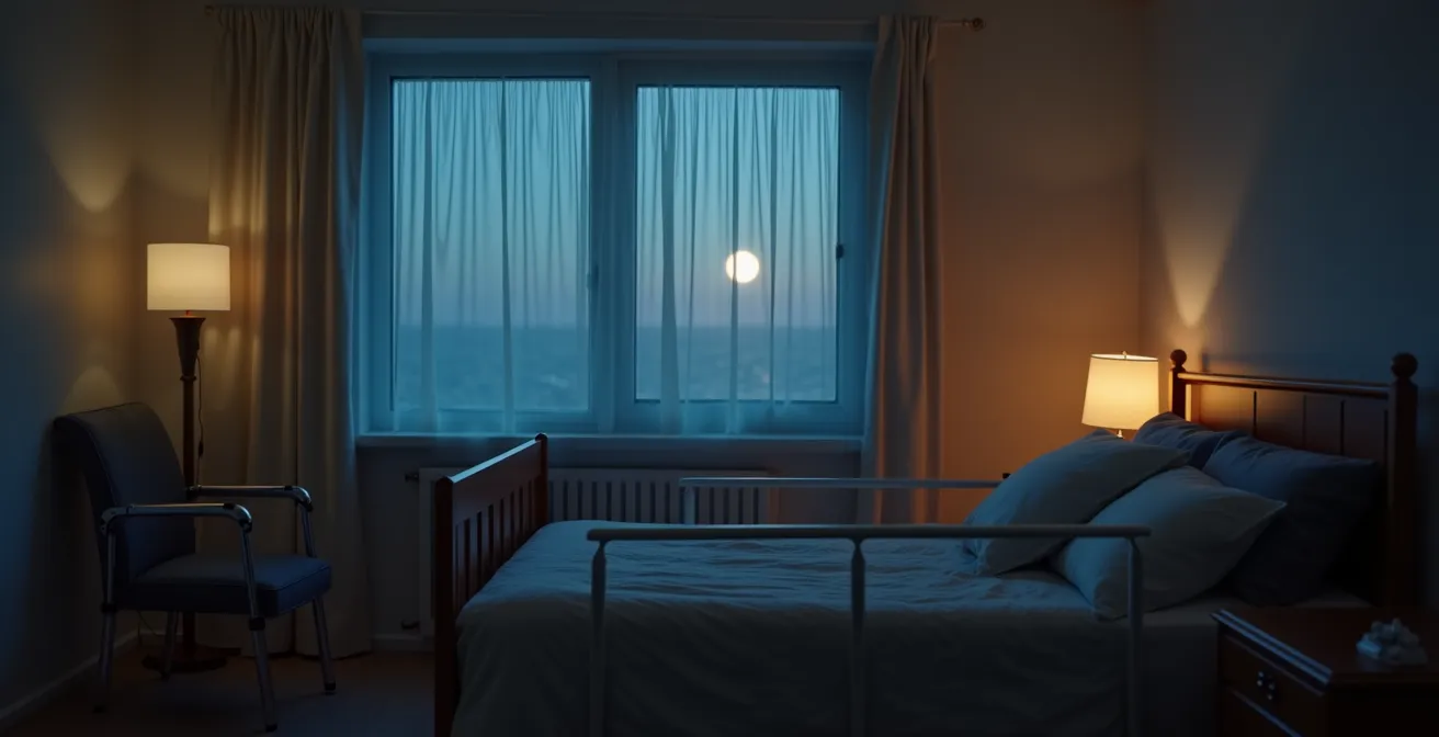 Chambre de personne âgée avec équipements d'aide éclairée par lumière douce nocturne