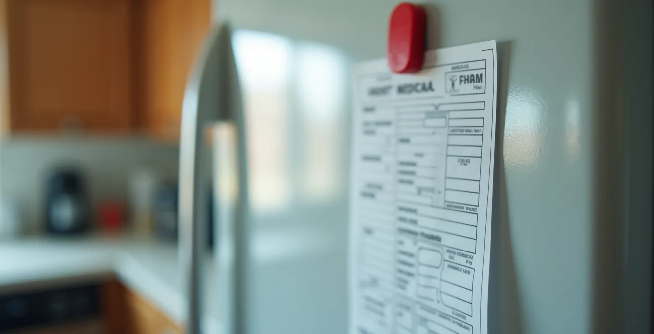 Gros plan sur une fiche d'urgence médicale accrochée sur un réfrigérateur