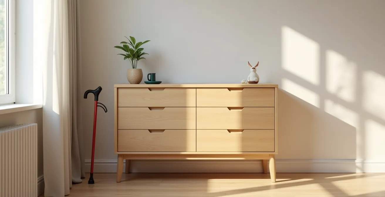 Vue détaillée d'une commode fixée au mur avec système de sécurité visible dans un intérieur adapté