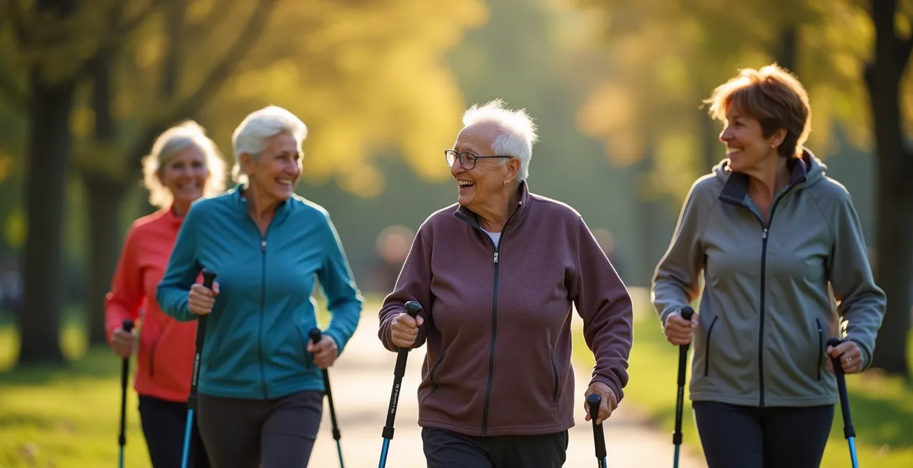 Groupe de seniors pratiquant la marche nordique adaptée dans un parc