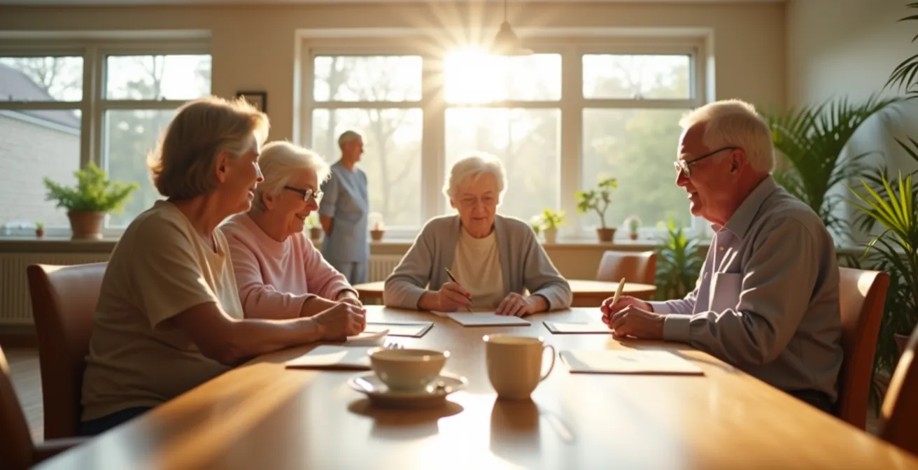 Personnes âgées participant à une activité collective dans un espace lumineux et chaleureux
