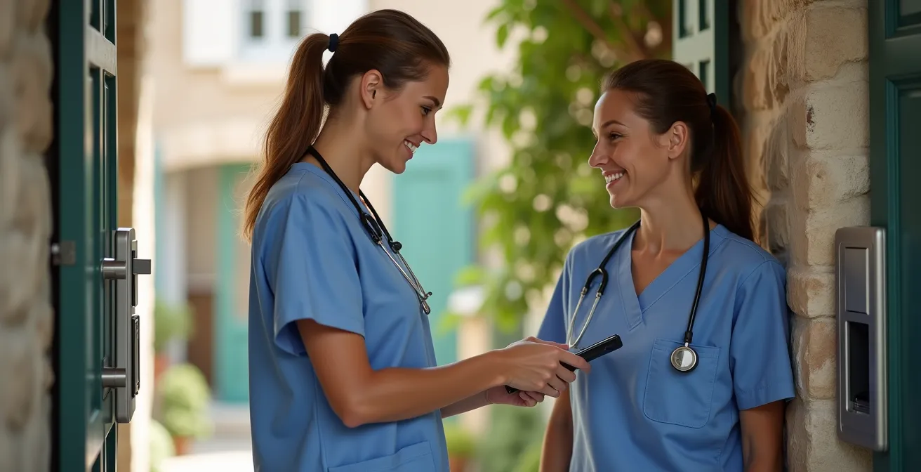 Professionnel de santé accédant à un boîtier à clés installé à hauteur ergonomique