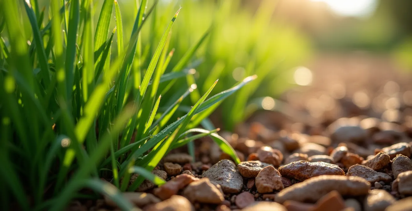 Jardin moderne avec graminées ornementales et paillage nécessitant peu d'entretien