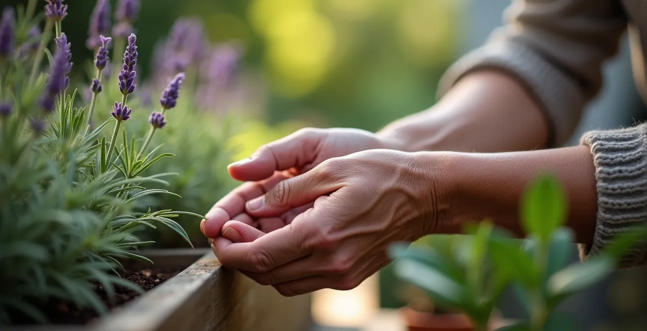 Espace sensoriel thérapeutique avec des mains de senior touchant des plantes aromatiques pour stimuler la mémoire