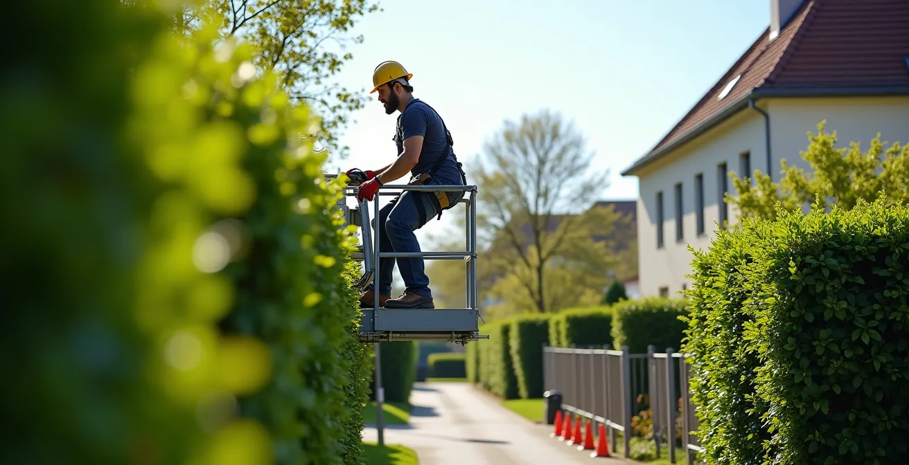 Jardinier professionnel équipé travaillant en sécurité depuis une nacelle élévatrice