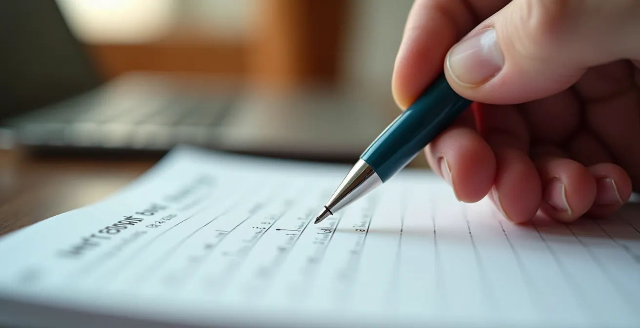 Main tenant un stylo au-dessus d'un carnet avec colonnes horaires dans un environnement domestique