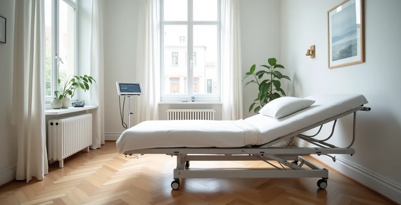 Vue latérale d'un lit médicalisé en position semi-assise montrant l'angle optimal pour le lever autonome