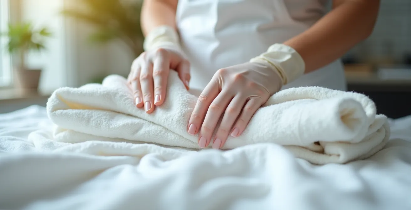 Mains gantées manipulant avec soin du linge blanc, illustrant un protocole d'hygiène rigoureux.