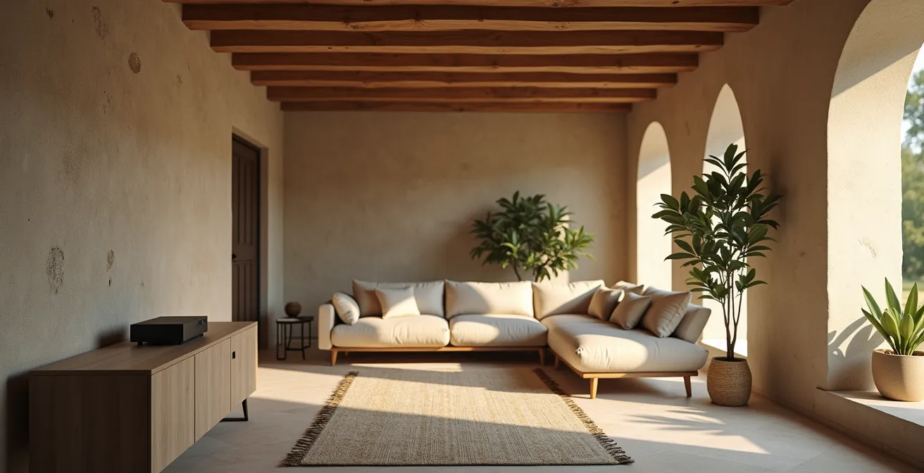 Vue large d'un salon français avec murs en pierre apparente et équipement réseau moderne discret