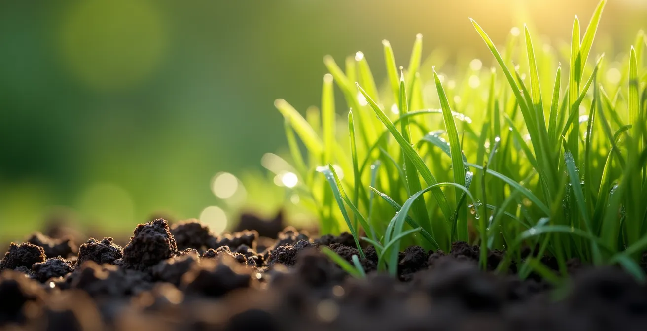 Vue macro d'une pelouse mulchée avec de fines particules d'herbe décomposées nourrissant le sol