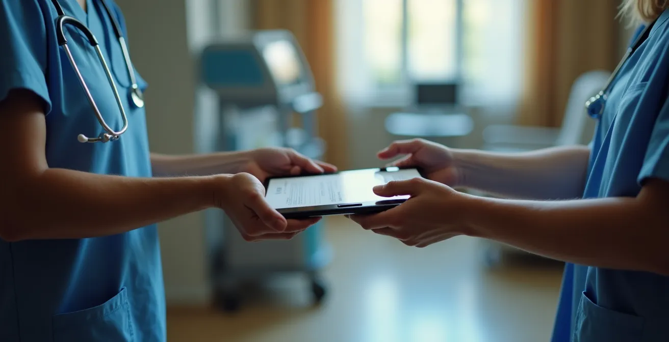Moment de transmission entre auxiliaires de vie avec cahier de liaison