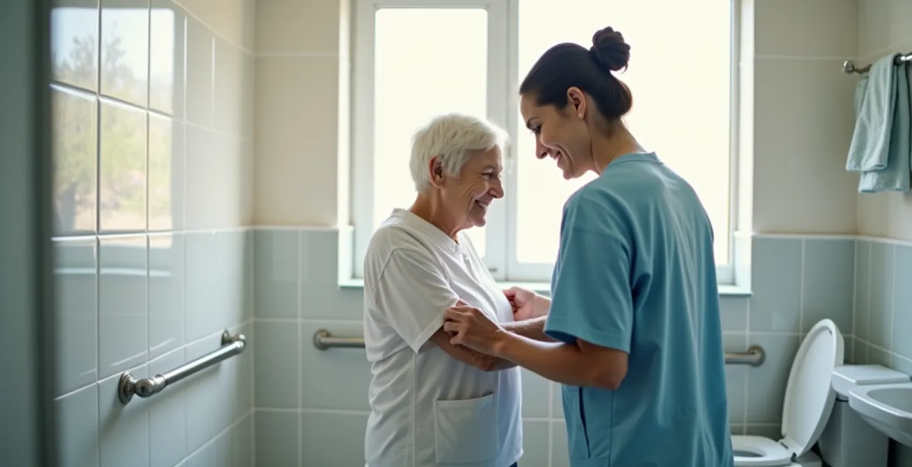 Auxiliaire de vie aidant une personne âgée dans sa salle de bain