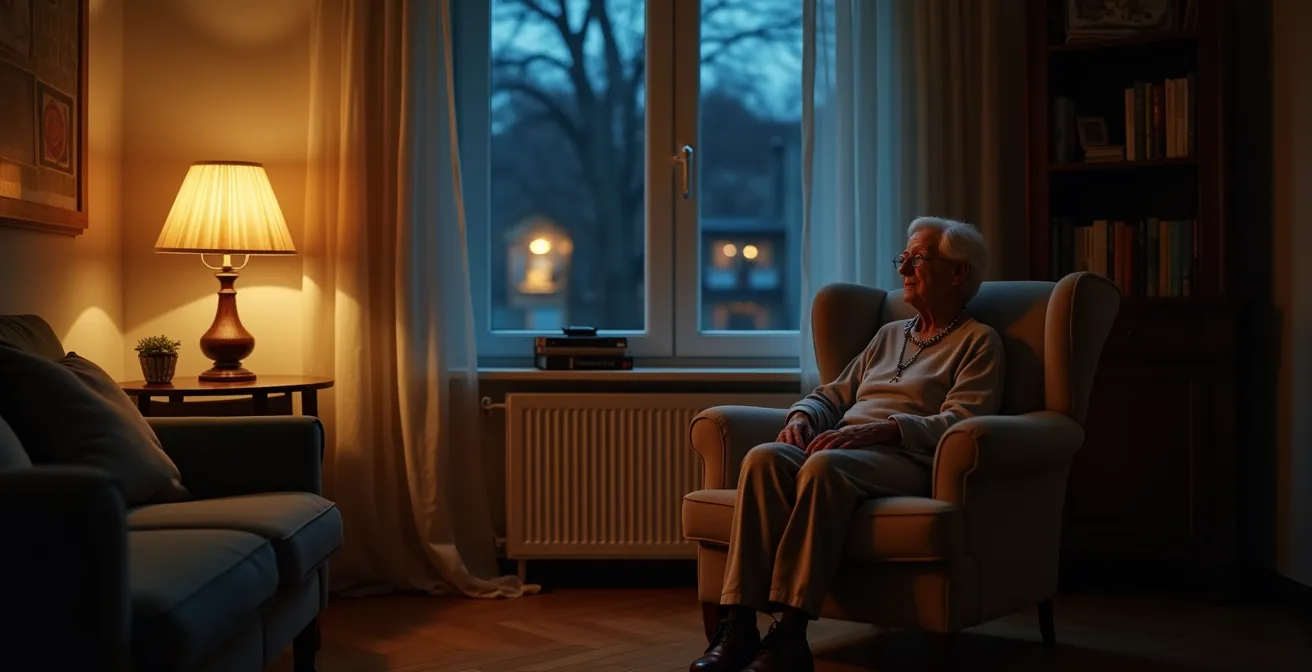 Personne âgée dans son salon la nuit, apaisée, avec son médaillon de téléassistance visible.