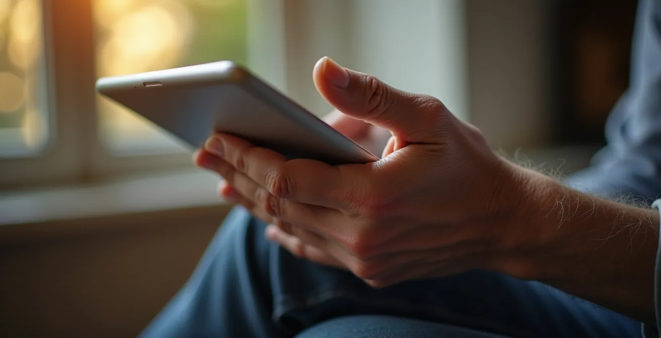 Main âgée tenant délicatement une tablette moderne avec des reflets lumineux doux