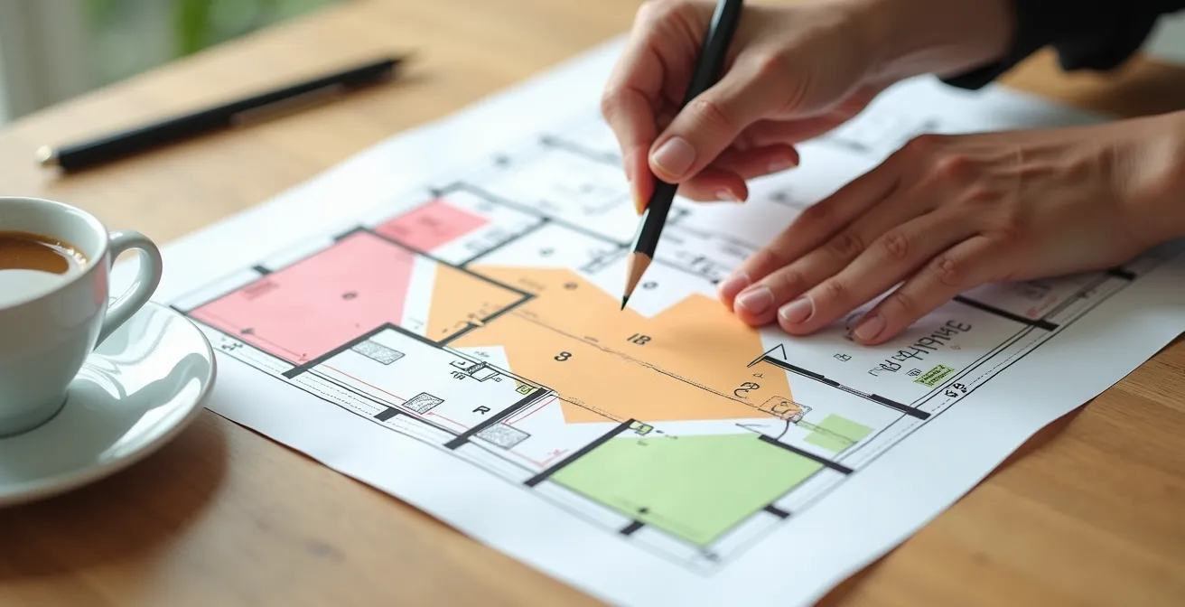 Plan d'appartement avec zones colorées pour guider l'aide ménagère dans l'entretien