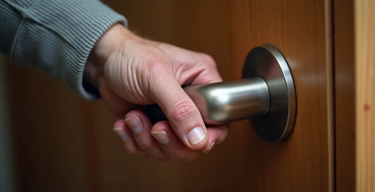 Main âgée actionnant facilement une poignée béquille ergonomique