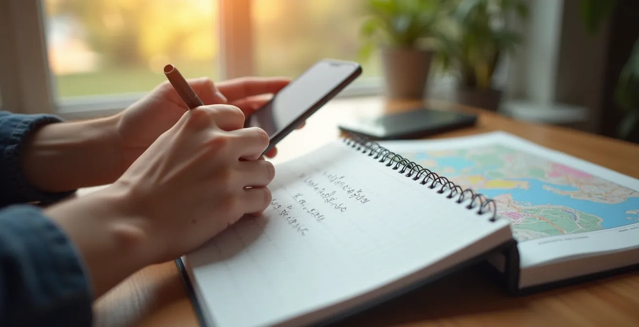 Plan rapproché de mains tenant un carnet avec des notes et un smartphone montrant un plan