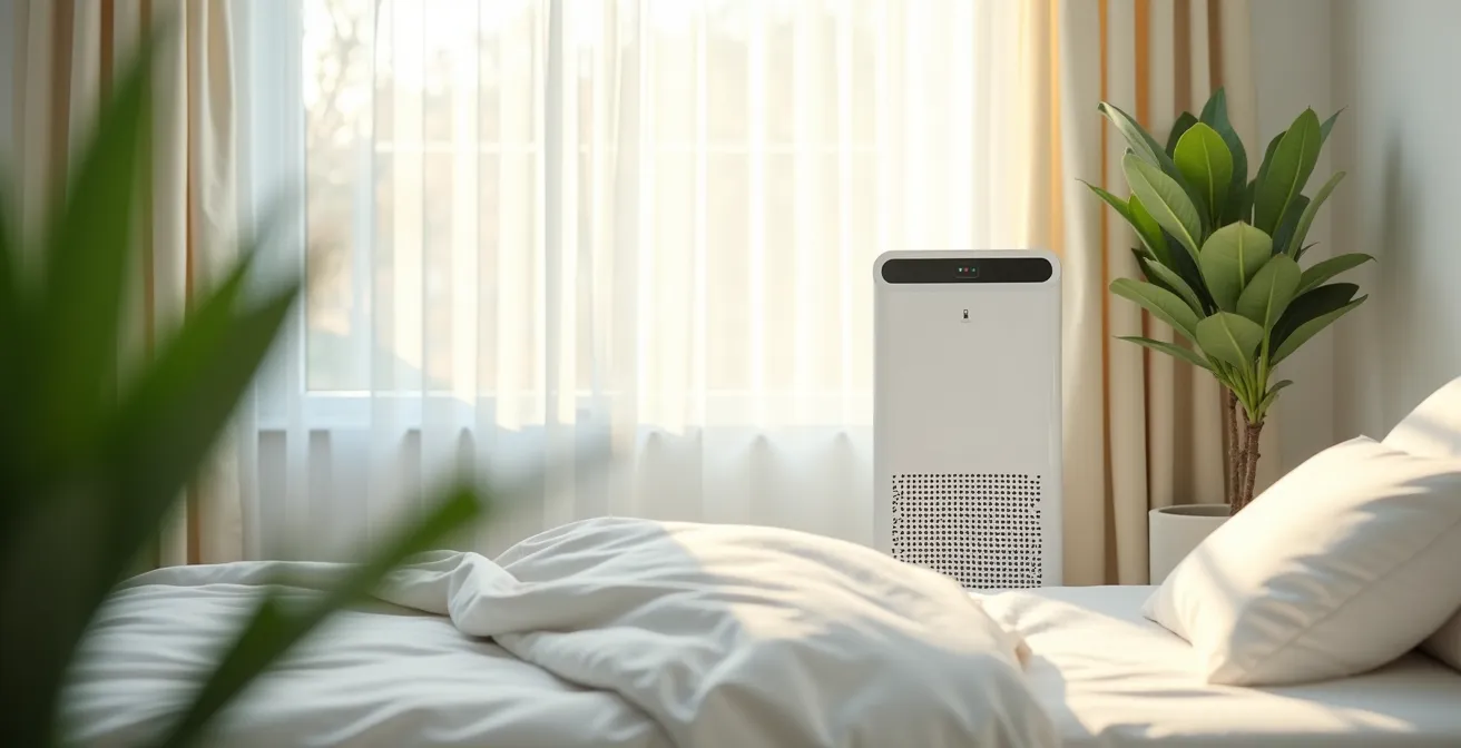 Purificateur d'air HEPA moderne fonctionnant dans une chambre lumineuse pour assurer une filtration continue de l'air.