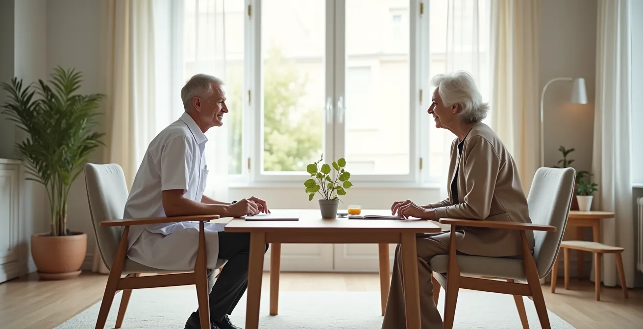 Auxiliaire de vie et personne âgée dans un salon, distance professionnelle respectueuse