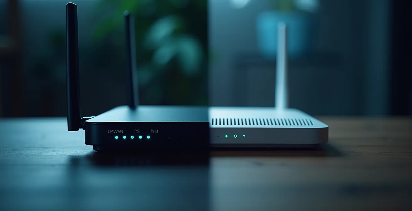 Comparaison visuelle entre antennes réseau basse consommation et box Wi-Fi dans un environnement urbain