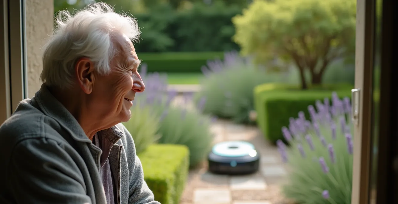 Robot tondeuse autonome dans un jardin français avec terrain en pente, observé avec satisfaction par une personne à la retraite.