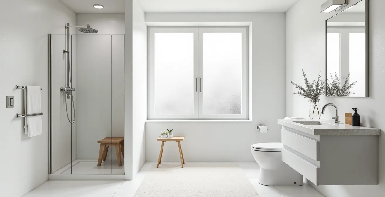 Salle de bain moderne adaptée avec barres d'appui et douche de plain-pied sécurisée